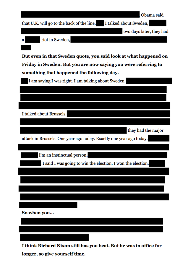 Illustration for article titled We Redacted Everything That's Not a Verifiably True Statement From Trump's Time Interview About Truth